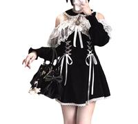 Cuteighteen Off The Shoulder Gothic Lolita Dress Teens Victorian Long Sleeve Lace Ruffle Going Out Party A Line Short Dresses (Black White, Small)