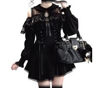 Cuteighteen Off The Shoulder Gothic Lolita Dress Teens Victorian Long Sleeve Lace Ruffle Going Out Party A Line Short Dresses (US, Alpha, Medium, Regular, Regular, Black)