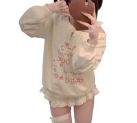 Cuteighteen Off The Shoulder Tops Teens Cute Sweatshirts Early Fall Fashion Cutecore Printed Graphic Hoodies Kawaii Clothes, Cream Beige, Large