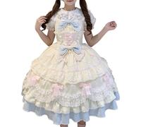 Cuteighteen Sleeveless Lolita Dress Teens Kawaii Victorian Princess Anime Cosplay Lace Trim Layered Ruffle Tea Party Dresses (US, Alpha, Medium, Cream Yellow)