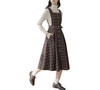 Cuteighteen Sleeveless Plaid Belted Dress for Women Fall Winter Square Collar Wool Midi Overall Pinafore Dress with Pocket, Brown, M