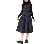 Cuteighteen Sleeveless Plaid Belted Dress for Women Fall Winter Square Collar Wool Midi Overall Pinafore Dress with Pocket, Navy Blue, L