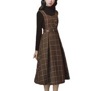 Cuteighteen Sleeveless Plaid Belted Dress for Women Fall Winter Wool Elegant Midi Overall Pinafore Apron Dress, Brown, S