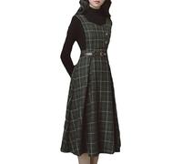Cuteighteen Sleeveless Plaid Belted Dress for Women Fall Winter Wool Elegant Midi Overall Pinafore Apron Dress, Green, L