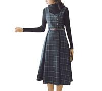 Cuteighteen Sleeveless Plaid Belted Dress for Women Fall Winter Wool Elegant Midi Overall Pinafore Apron Dress, Navy Blue, M