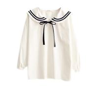 Cuteighteen Summer Sailor Collar Blouse Tie Bow Short Sleeve Doll Shirt Japanese School Uniform Kawaii Cute Soft Tops, White, L