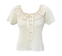 Cuteighteen Summer Tops for Petite Women Trendy Spring Ruffle Lace Trim Square Neck Short Sleeve Tie Front Slimming T Shirt, Cream Beige, One Size