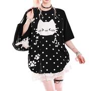 Cuteighteen Summer Tops for Teens Cutecore Clothes Womens Japanese Kawaii Cat Graphic Tees Funny Oversized Casual T Shirts, Black, S