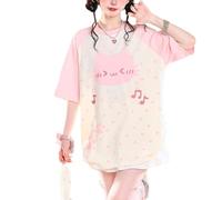 Cuteighteen Summer Tops for Teens Cutecore Clothes Womens Japanese Kawaii Cat Graphic Tees Funny Oversized Casual T Shirts, Pink, S