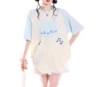 Cuteighteen Summer Tops for Teens Cutecore Clothes Womens Japanese Kawaii Cat Graphic Tees Funny Oversized Casual T Shirts, Blue, S