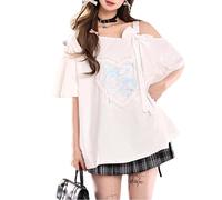 Cuteighteen Summer Tops for Teens Y2K Off The Shoulder T Shirt Juniors Kawaii Short Sleeve Casual Baggy Heart Graphic Tees, White, L