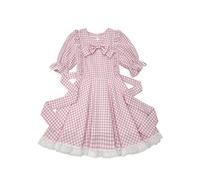 Cuteighteen Sweet Lolita Dress Teen Girls Princess Casual Kawaii Plaid Ruffle Lace Puff Sleeve Bandage Bow Short Dresses, Pink, L