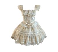 Cuteighteen Teen Lolita Vintage Corset Dress Kawaii Lace Graduation Tea Party 2 Piece Cocktail Puffy Mini Junior Dresses, Beige, S