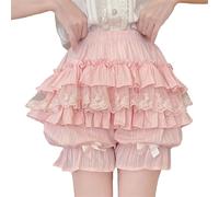 Cuteighteen Women Lolita Bloomers Teens kawaii lace trim Tiered Ruffle Bloomer Shorts Japanese Cotton Pettipants, Pink, Medium