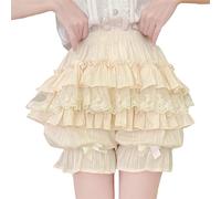 Cuteighteen Women Lolita Bloomers Teens kawaii lace trim Tiered Ruffle Bloomer Shorts Japanese Cotton Pettipants, Cream Beige, Medium