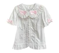 Cuteighteen Womens Lolita Blouses Peter Pan Collar Button Up Victorian Shirt Vintage Kawaii Fashion Summer Short Sleeve Tops, White Pink, M
