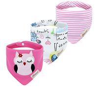 CuteOn Baby Drool Bibs, Unisex 3-Pack Absorbent Cotton, Triangle Bib with Snaps Gift for Boys Girls -104 Pink Owl