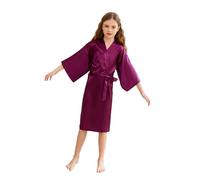 CuteOn Kids Girls Satin Silk Kimono Robe Dressing Gown Bathrobe Nightwear for Spa Wedding Birthday Party Dress Dark Purple Size 9-11Years - (Height 130-145cm)