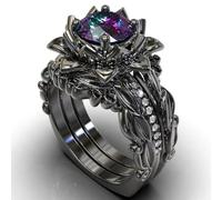Cutesmile Black Gun Plated Lotus Floral 3Pcs Stackable Ring Set for Women, Round Mystic Cubic Zirconia Leaf Vine Statement Rings, Gothic Vintage Wedding Promise Ring Jewelry Gift for Her