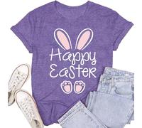 Cutesong Easter Shirts for Women Happy Easter Egg Rabbit Tshirts Spring Bunny Short Sleeve Tee Tops Purple