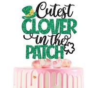 Cutest Clover in the Patch Cake Topper, Lucky Baby Shower Cake Decor, St. Patrick’s Day Four Leaf Clover Irish Baby Shower Gender Reveal Party Decorations Supplies Black and Green Glitter