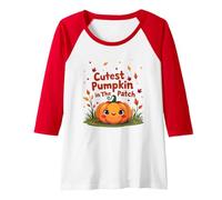 Cutest Pumpkin in The Patch Fall Harvest Kids Kawaii Raglan Baseball Tee, Women, Red/White, M