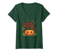 Cutest Pumpkin in The Patch Fall Harvest Kids Kawaii V-Neck T-Shirt, Women, Forest Green, L
