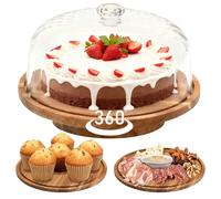cutesun Cake Stand with Lid, Rotating Cake Stand with Lid & Dome, 11.8'' Acacia Wood Shatterproof 10.4'' Acrylic Cake Display Stand for Wedding, Birthday, Parties