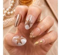 CuteSurf Short Almond Glisten Brown Press On Nails, 24 Pcs 3D Rhinestone Star Full Cover Reusable Fake Nails, Jelly Glue Stickers w/Artificial Stick On Nails for Women Daily Manicure