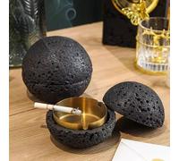 Cutfouwe Ashtray for Outdoor Use, Black, Premium Concrete - 3 Grooves for Cigarette Storage - Windproof, Lid to Retain Smell, Easy to Clean, Modern Style, 12.5 x 11.2 cm