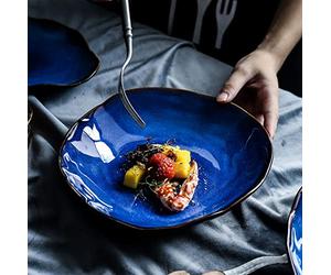 Cutfouwe Blue Irregular Dinner Plates Modern Curve Plate Ceramic Dinner Plates for Pasta Salad Cereal Soup Smooth Glazed Serving Plates Microwave & Dishwasher Safe Scratch Resistant,Set of 4