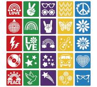 CUTHOLLOW 25 PCS Painting Stencils Sets, 20cm Reusable Washable Plastic Drawing Template Sidewalk Chalk Art Stencils Kit with Hippie Flowers Primary Shape for Craft Room Wall Paper