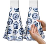 CUTHOLLOW 2Pcs Blue and White Porcelain Tea Towels for Kitchen with Loop, 31.5x43.5cm Soft Super Absorbent Microfiber Decorative Hanging Dish Towel, Tea, Coffee Towel for Kitchen Bathroom Oven Handle