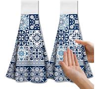CUTHOLLOW 2Pcs Blue Bohemian Tea Towels for Kitchen with Loop, 31.5x43.5cm Soft Super Absorbent Microfiber Decorative Hanging Dish Towel, Tea, Coffee Towel for Kitchen Bathroom Oven Handle