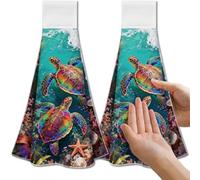 CUTHOLLOW 2PCS Colorful Summer Turtle Tea Towels for Kitchen with Loop, 31.5x43.5cm Soft Absorbent Microfiber Decorative Hanging Dish Towel, Tea, Coffee Towel for Kitchen Bathroom Oven Handle
