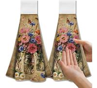 CUTHOLLOW 2PCS Daisies and Glass Vase Tea Towels for Kitchen with Loop, 31.5x43.5cm Soft Super Absorbent Microfiber Decorative Hanging Dish Towel, Tea, Coffee Towel for Kitchen Bathroom Oven Handle