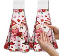 CUTHOLLOW 2PCS Gnomes Rose and Hearts Tea Towels for Kitchen with Loop, 31.5x43.5cm Soft Super Absorbent Microfiber Decorative Hanging Dish Towel, Tea, Coffee Towel for Kitchen Bathroom Oven Handle