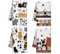 CUTHOLLOW 4PCS Cat and Paw with Heart Tea Towels, 66x45cm Soft & Absorbent Microfiber Dish Towel for Kitchen Tea Coffee Bar, Best Gift for Mother's Day Housewarming Birthday