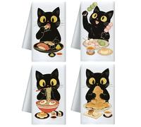 CUTHOLLOW 4Pcs Japanese Style Black Cats and Ramen Kitchen Towels Cute Tea Towels