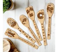 CUTHOLLOW 6PCS Cute Black Cat Wooden Kitchen Cooking Utensil Set