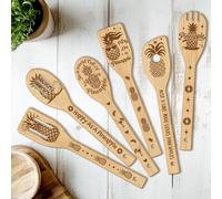 CUTHOLLOW 6PCS Happy as a Pineapple Wooden Kitchen Cooking Utensil Set, Non Toxic Wooden Spoon Set for Cooking, Mother's Day Housewarming Birthday Kitchenware Gift for Women Mother