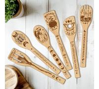 CUTHOLLOW 6PCS Magic Witch Wooden Kitchen Cooking Utensil Set, Non Toxic Bamboo Wood Spoon Set for Cooking, Best Housewarming Birthday Thanksgiving for Women Mother
