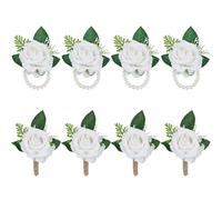 CUTHOLLOW 8PCS Ivory White Roses Wristlet Corsage Band & Boutonniere Set, Romantic Artificial Flower Wrist Corsage Bracelet Accessories for Wedding Bridal Groom Prom Men Women Flower Girl Guest