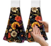 CUTHOLLOW Black Cat and Colorful Flower Hanging Kitchen Towels with Loop, Set of 2-Soft & Super Absorbent Microfiber Decorative Hanging & Hand Towel, Tea Coffee Towel for Kitchen Bathroom Oven Handle