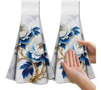 CUTHOLLOW Blue Gold-edged Peony Tea Towels for Kitchen with Loop, Set of 2 - Soft & Super Absorbent Microfiber Decorative Hanging Dish & Hand Towel, Tea, Coffee Towel for Kitchen Bathroom Oven Handle