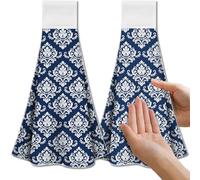 CUTHOLLOW Blue Retro Damask Tea Towels for Kitchen with Loop, Set of 2 - Soft & Super Absorbent Microfiber Decorative Hanging Dish & Hand Towel, Tea, Coffee Towel for Kitchen Bathroom Oven Handle