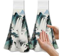 CUTHOLLOW Chinese Style Landscape Tea Towels for Kitchen with Loop, Set of 2 Soft & Super Absorbent Microfiber Decorative Hanging Dish & Hand Towel, Tea, Coffee Towel for Kitchen Bathroom Oven Handle