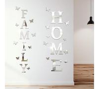 CUTHOLLOW Family Home Letter Signs Living Room Wall Decor - 3D Butterfly Mirror Wall Stickers for Living Room, Silver Acrylic Decals Decorations for Dining Room Bedroom