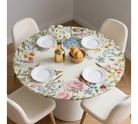 CUTHOLLOW Flower Butterflies and Dragonflies Round Fitted Tablecloth with Elastic, Wrinkle Resistant Waterproof Table Cloth Cover, Table Protector for Picnic Party Camping, Large(Fits 114.3-137cm)