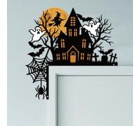 CUTHOLLOW Halloween and Haunted House Door Topper Sign Wall Art Decor | 9.8"x9.8" Double-Sided Metal Unique Hanging Above Door Frame Corner Accent for Home Front Door Doorway Top Corner Decoration